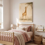 Wonderfully Made giraffe Christian kids canvas wall art above a wooden bed with blush bedding, children’s books, and woven baskets in a bright bedroom.