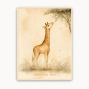 Wonderfully Made Christian kids wall art featuring a young giraffe beneath a leafy tree, with wildflowers and warm cream tones in a light wood frame.