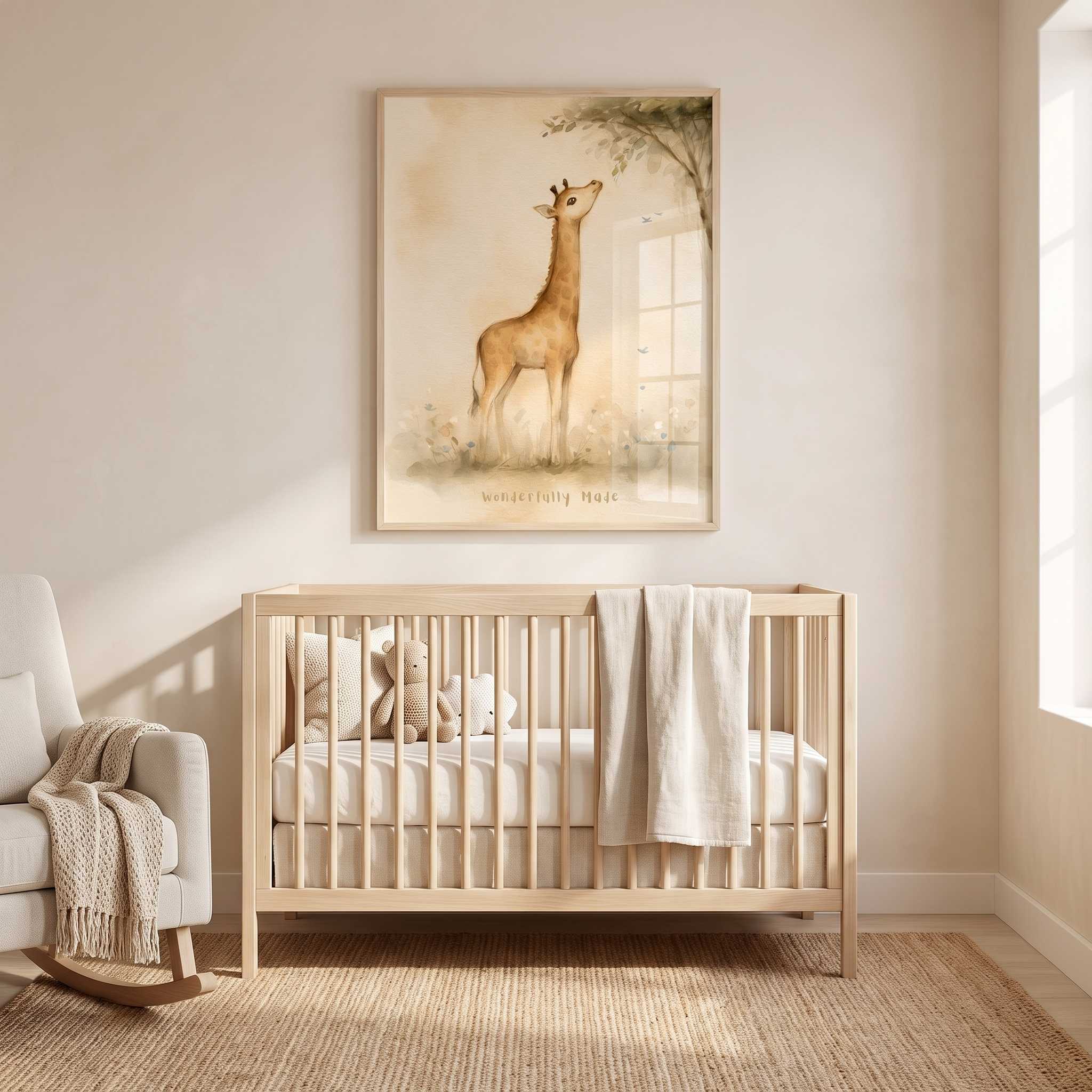 Wonderfully Made giraffe Christian nursery wall art in a light wood frame above a crib, with cream bedding and a rocking chair in a warm neutral baby room.