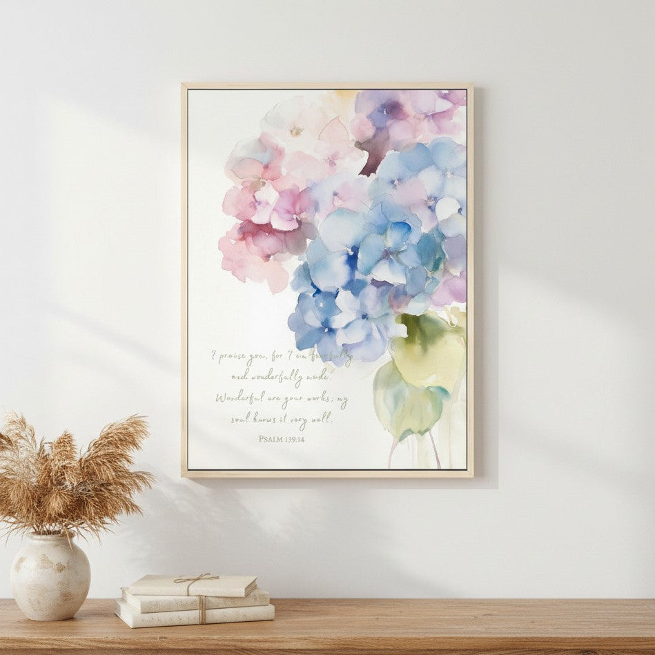 Wonderfully Made Christian wall art featuring Psalm 139:14 with watercolor hydrangeas in soft pink, blue, and purple tones.