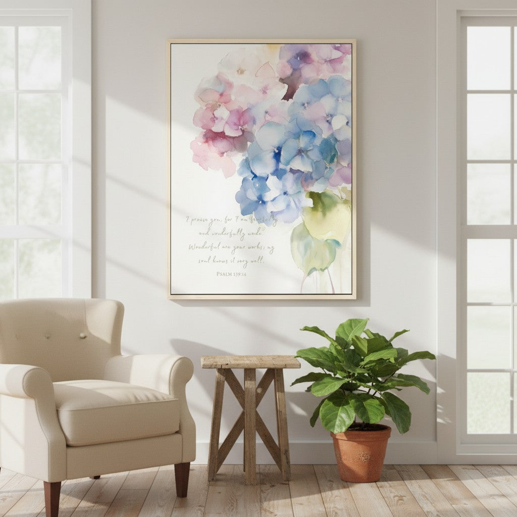 Watercolor hydrangea Christian wall art with “I am fearfully and wonderfully made” scripture displayed in a cozy living room.