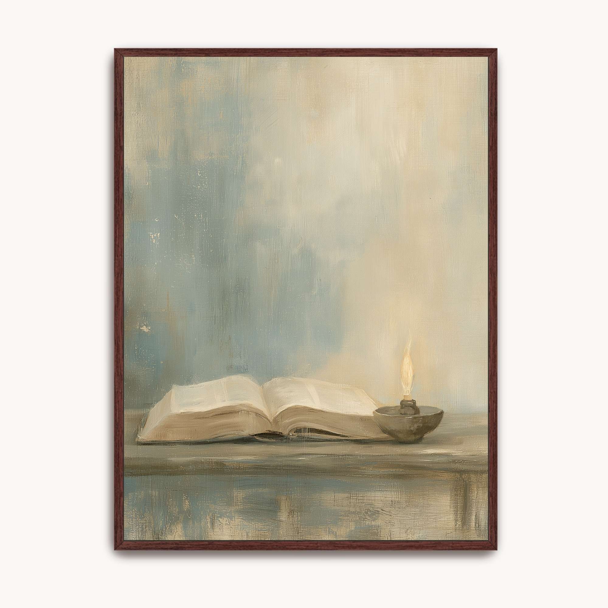 Psalm 119:105 Christian wall art with an open Bible and glowing oil lamp on a table against a muted blue and cream background, in a dark wood frame.